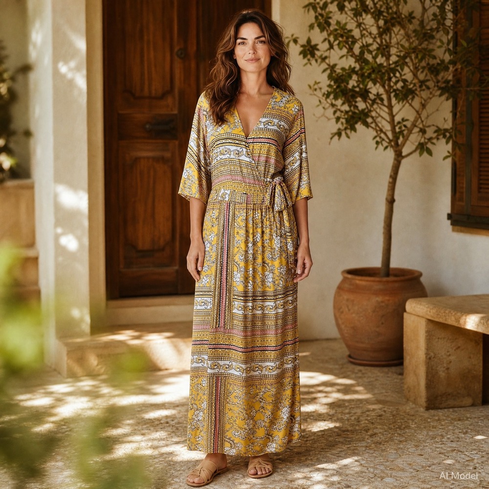 CHEZTU Maxi Dress Women 14 Yellow Boho Paisley Faux Wrap V-Neck‎ Stretch Border
